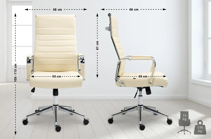 Fauteuil de bureau avec accoudoirs siège pivotant mécanisme à bascule en cuir véritable crème 10_0002517