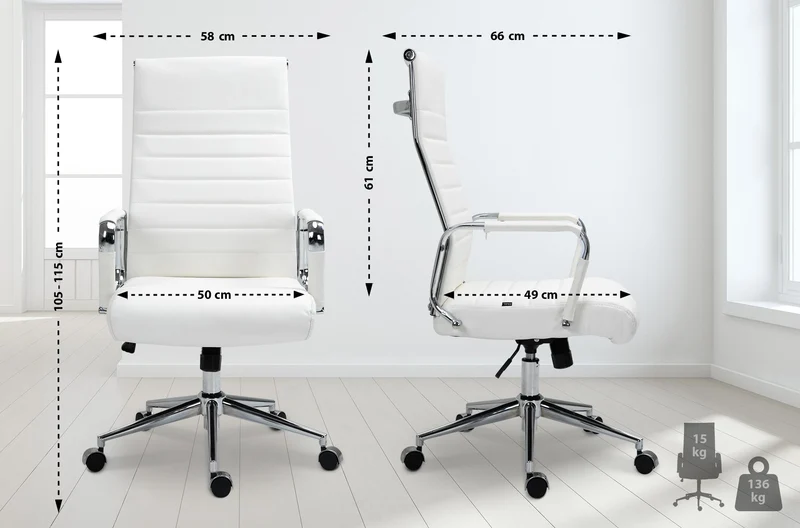 Fauteuil de bureau avec accoudoirs siège pivotant mécanisme à bascule en cuir véritable blanc 10_0002516