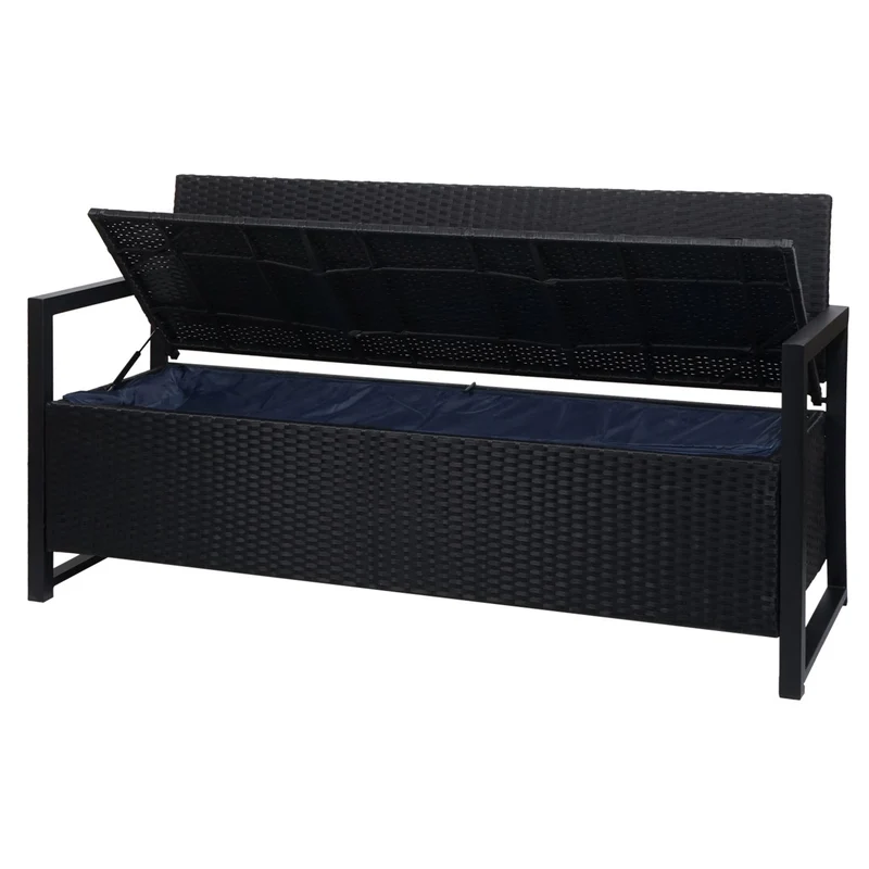Banc banquette avec compartiment de rangement 3 places en polyrotin anthracite coussin noir 04_0005800