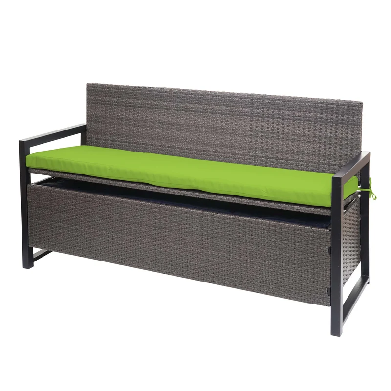 Banc banquette avec compartiment de rangement 3 places en polyrotin gris chiné coussin vert 04_0005801
