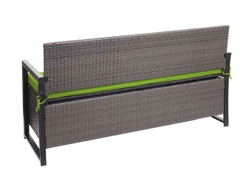 Banc banquette avec compartiment de rangement 3 places en polyrotin gris chiné coussin vert 04_0005801