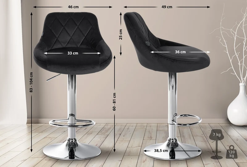 Tabouret de bar en velours noir coutures décoratives pivotant support métal chromé TDB10676
