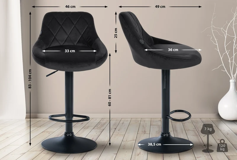 Tabouret de bar en velours noir coutures décoratives pivotant support métal noir TDB10669