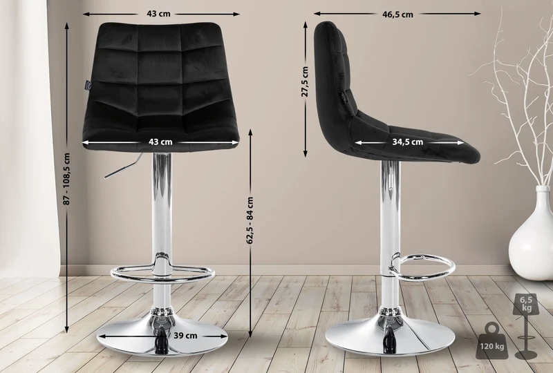 Lot de 2 tabourets de bar en velours noir base métal chromé réglable en hauteur et repose-pieds TDB10634