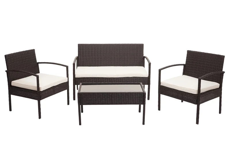 Ensemble pour extérieur balcon/jardin/salon en polyrotin marron, coussin crème 04_0003246
