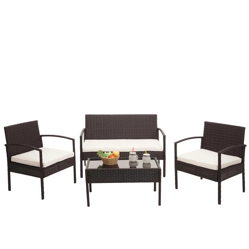 Ensemble pour extérieur balcon/jardin/salon en polyrotin marron, coussin crème 04_0003246