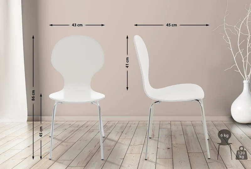 Lot de 2 chaises de cuisine salle à manger empilables dossier arrondi en bois blanc et métal chromé 10_0003085