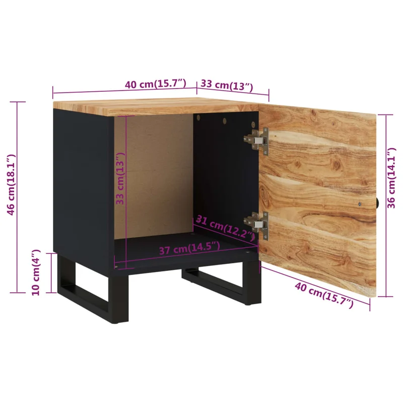 Table de chevet avec compartiment avec porte 40 x 33 x 46 cm bois d'acacia massif et fer noir DEC032956