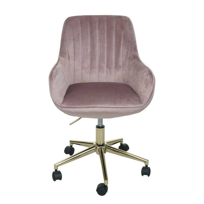 Chaise de bureau pivotante en velours rose avec accoudoir base dorée 04_0006211