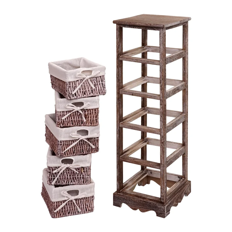 Commode étagère avec 5 tiroirs paniers à maïs 90x25x28cm design vintage marron 04_0006543