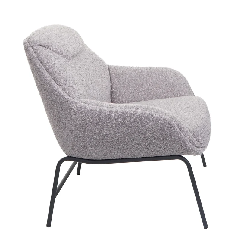 Fauteuil lounge relaxation siège extra large en tissu bouclé gris clair et métal 04_0006854