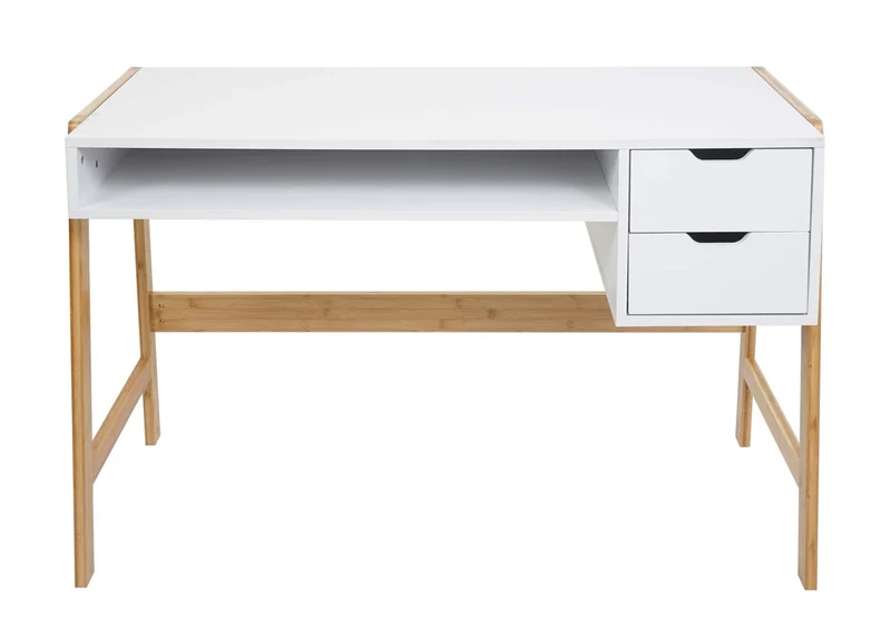 Bureau table d'ordinateur avec deux tiroirs 76x115x58 cm MDF blanc et bambou 04_0006058