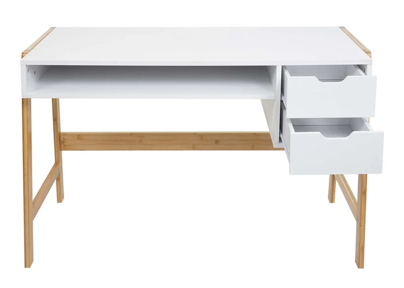 Bureau table d'ordinateur avec deux tiroirs 76x115x58 cm MDF blanc et bambou 04_0006058