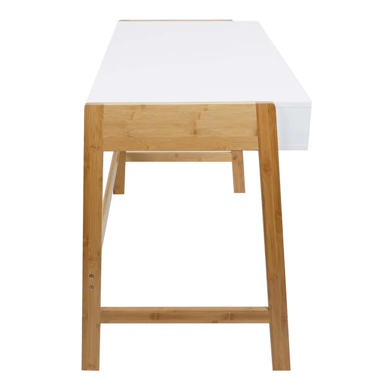 Bureau table d'ordinateur avec deux tiroirs 76x115x58 cm MDF blanc et bambou 04_0006058