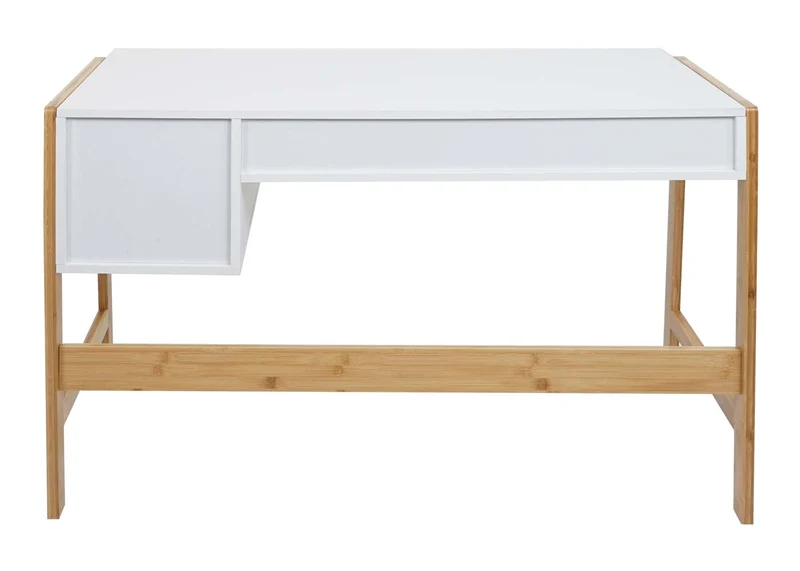 Bureau table d'ordinateur avec deux tiroirs 76x115x58 cm MDF blanc et bambou 04_0006058