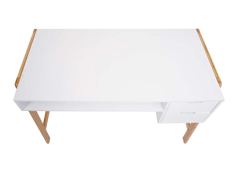 Bureau table d'ordinateur avec deux tiroirs 76x115x58 cm MDF blanc et bambou 04_0006058