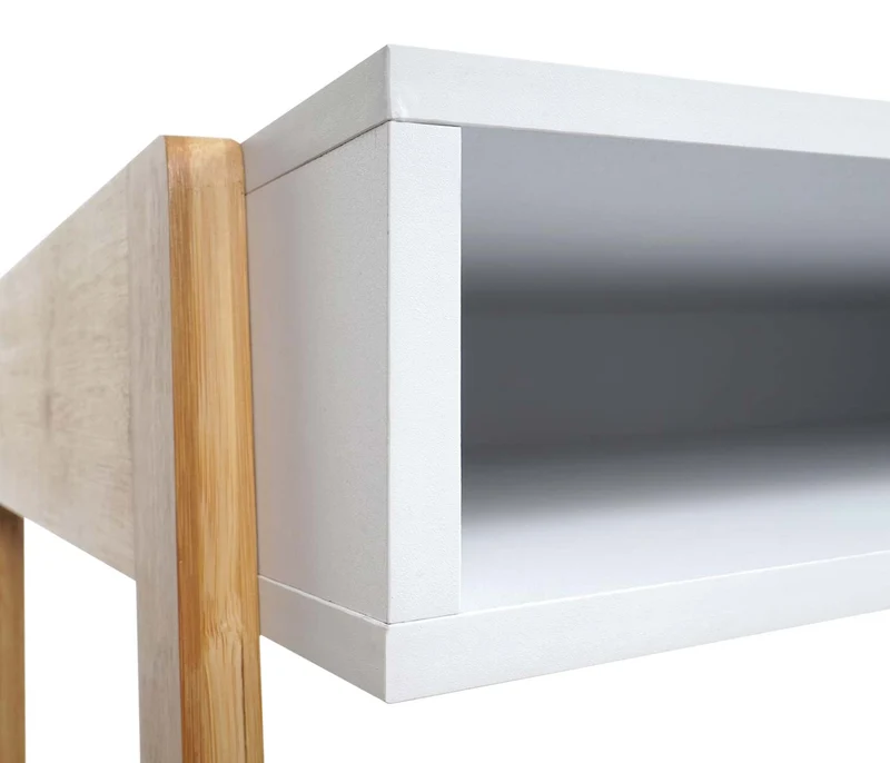 Bureau table d'ordinateur avec deux tiroirs 76x115x58 cm MDF blanc et bambou 04_0006058