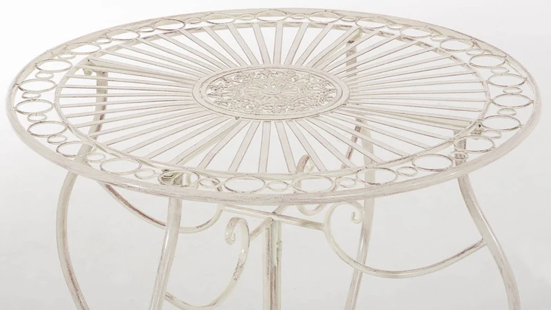 Table de jardin ronde style rustique en fer forgé crème vieilli 10_0003046