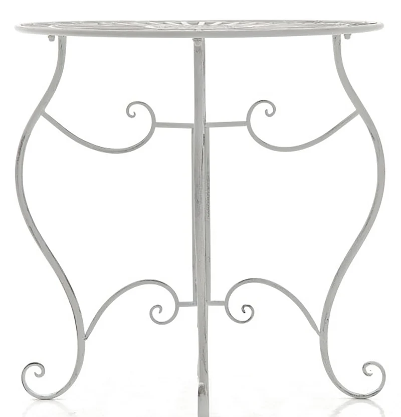 Table de jardin ronde style rustique en fer forgé blanc vieilli 10_0003044