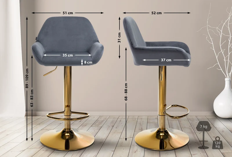 Lot de 2 tabourets de bar repose-pieds intégré revêtement velours gris foncé structure en métal doré TDB10734