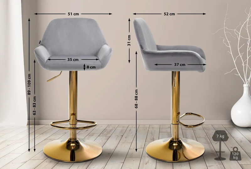 Lot de 2 tabourets de bar repose-pieds intégré revêtement velours gris structure en métal doré TDB10733
