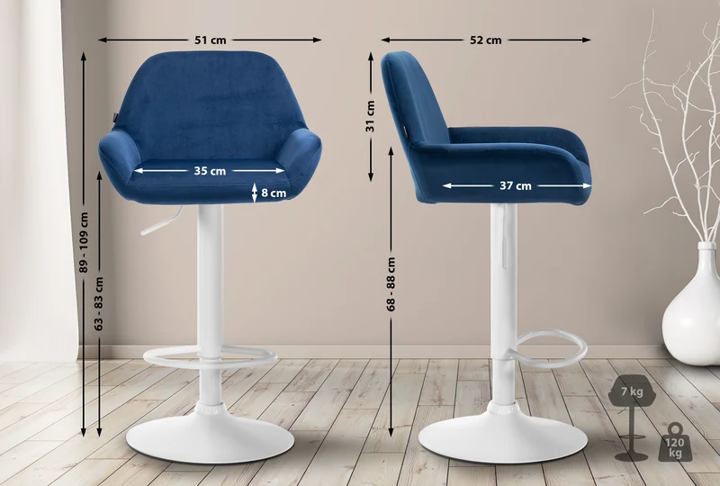 Lot de 2 tabourets de bar avec repose-pieds et accoudoirs en velours bleu piètement en trompette métal blanc 10_0006740