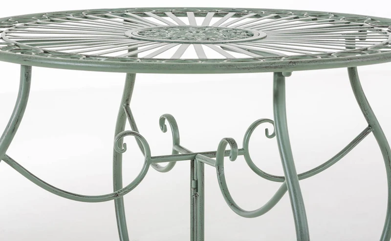 Table de jardin ronde style rustique en fer forgé vert vieilli 10_0003047