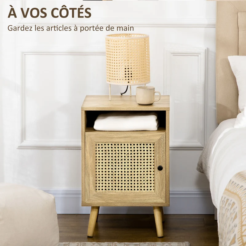 Table de chevet avec placard et niche 39 x 35 x 60 cm rangement compact cosy vintage en panneau de particules naturel 21_0001679