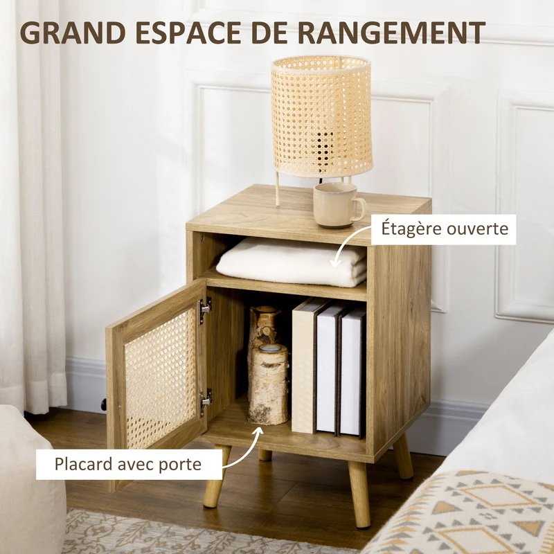 Table de chevet avec placard et niche 39 x 35 x 60 cm rangement compact cosy vintage en panneau de particules naturel 21_0001679