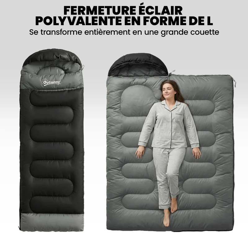 Sac de couchage camping 215 x 75 x 10 cm transformable en couverture respirant 0 à 25 °c moderne épuré en polyester noir 21_0006571