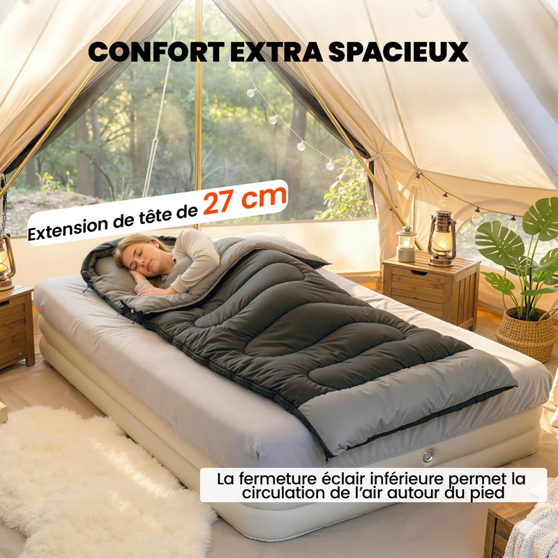 Sac de couchage camping 215 x 75 x 10 cm transformable en couverture respirant 0 à 25 °c moderne épuré en polyester noir 21_0006571