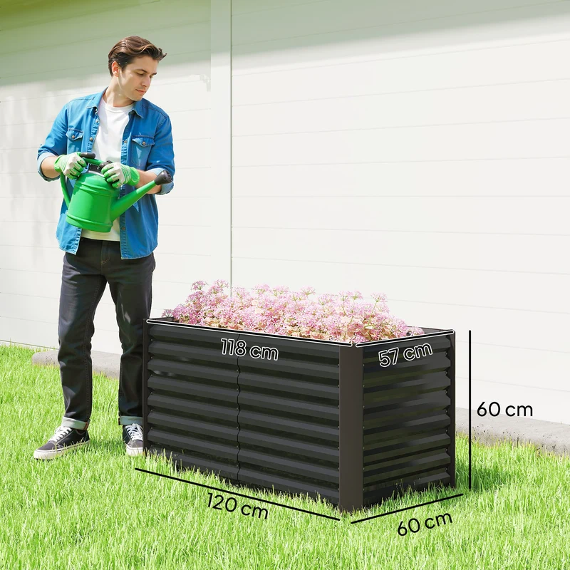 Lot de 2 bacs surélevés carrés potagers 120 x 60 x 60 cm fond ouvert profond et moderne en acier galvanisé gris foncé 21_0005500