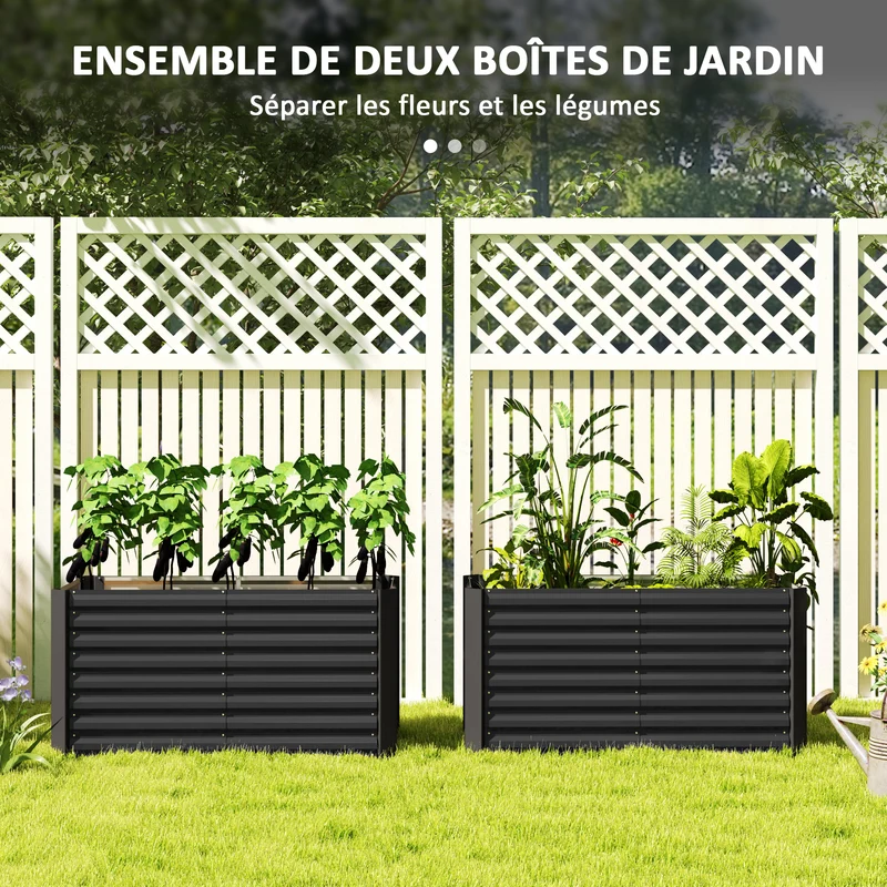 Lot de 2 bacs surélevés carrés potagers 120 x 60 x 60 cm fond ouvert profond et moderne en acier galvanisé gris foncé 21_0005500