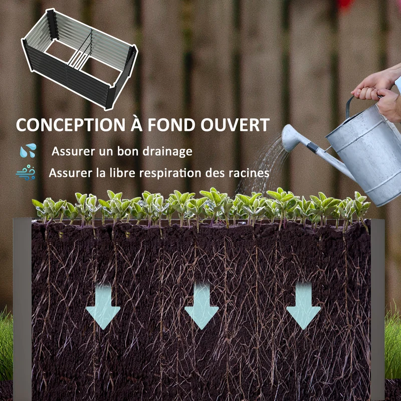 Lot de 2 bacs surélevés carrés potagers 120 x 60 x 60 cm fond ouvert profond et moderne en acier galvanisé gris foncé 21_0005500