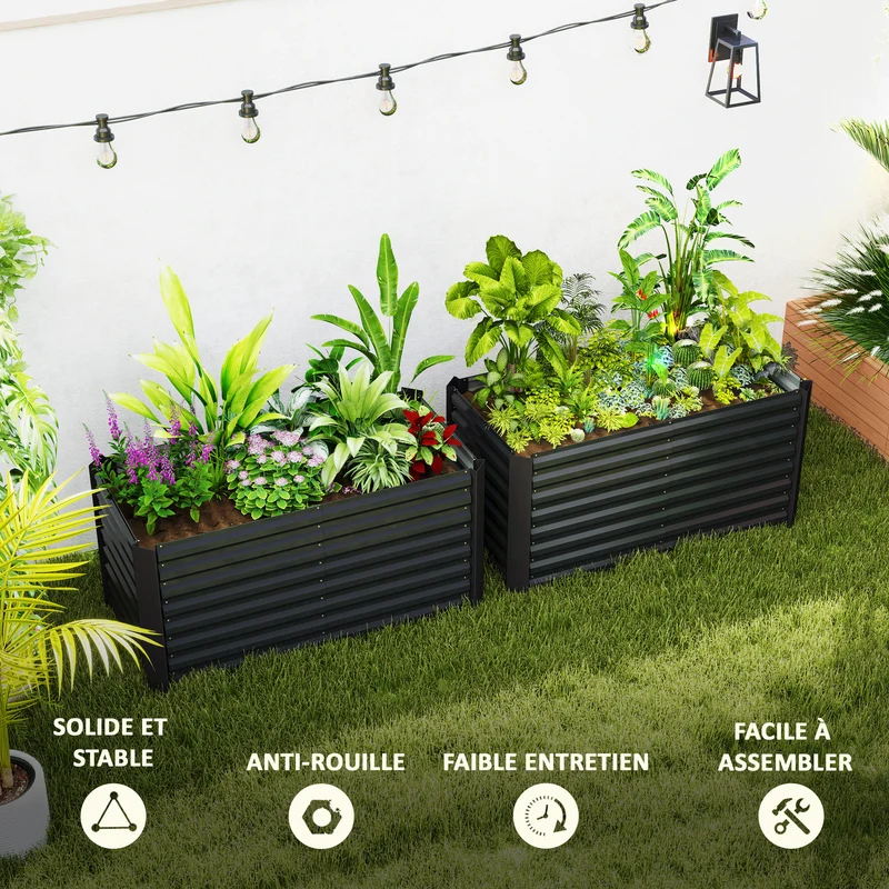 Lot de 2 bacs surélevés carrés potagers 120 x 60 x 60 cm fond ouvert profond et moderne en acier galvanisé gris foncé 21_0005500