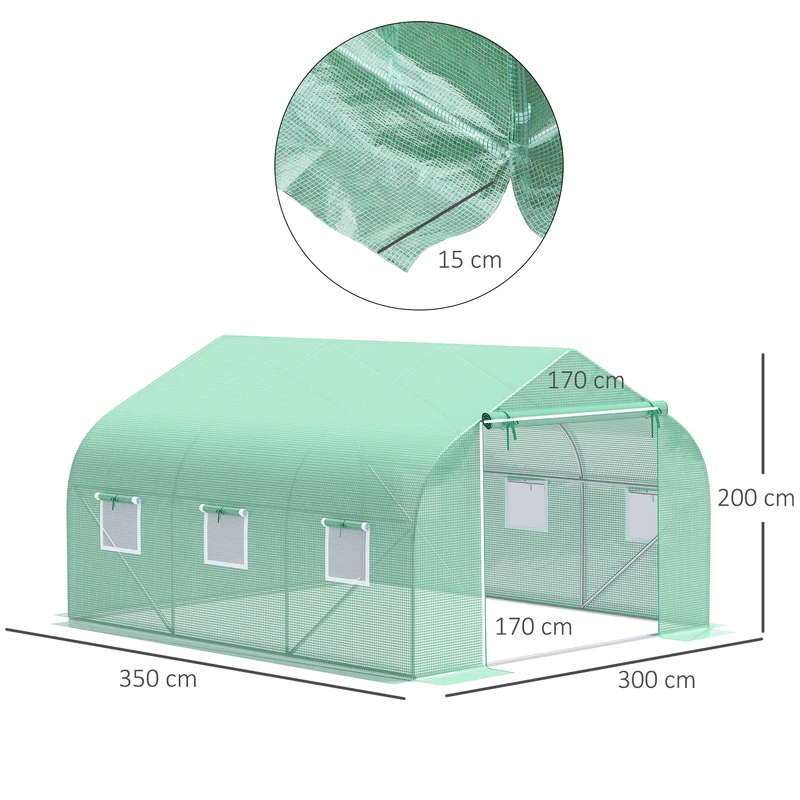 Serre tunnel de jardin 350 x 300 x 200 cm protection anti-uv ventilation réglable moderne épuré en polyéthylène vert 21_0004020