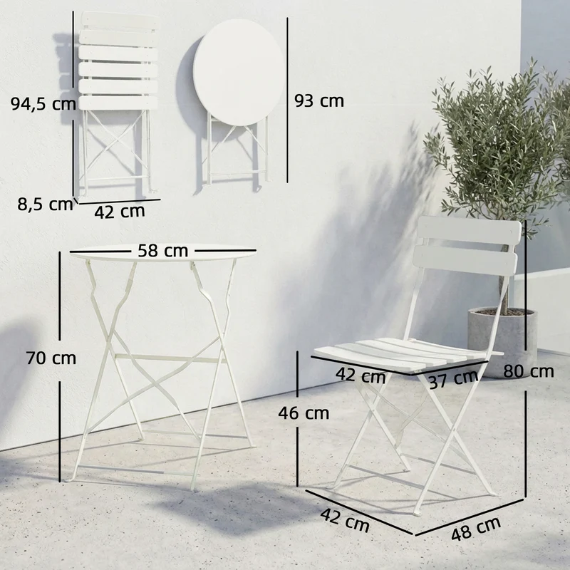 Ensemble bistrot de jardin pliant 58 x 70 x 80 cm protection antirouille assise à lattes style scandinave en métal crème 21_0005754