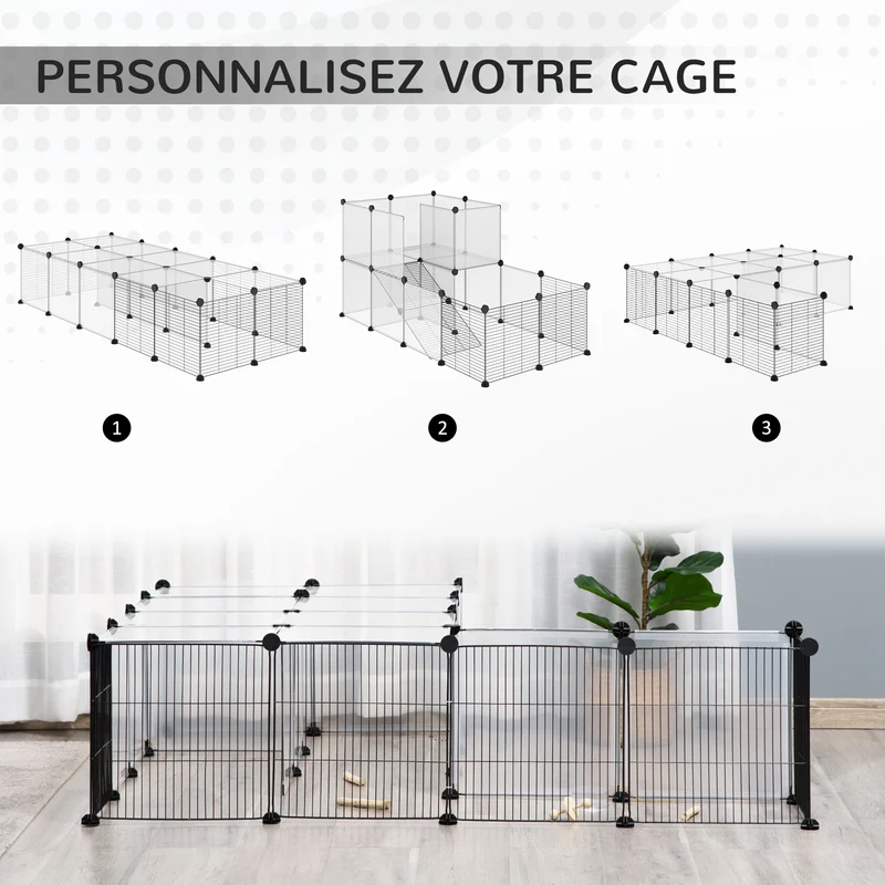 Enclos modulable pour petits animaux 140 x 70 x 70 cm montage facile et sécurisé avec rampe design moderne en PP noir 21_0007934