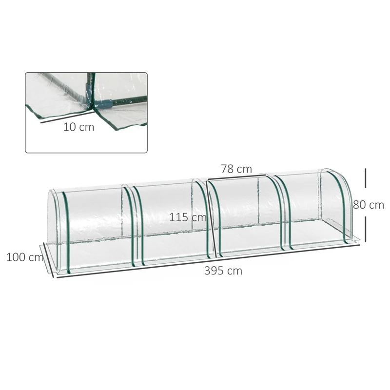 Serre de jardin tunnel protection 395 x 100 x 80 cm 4 portes enroulables anti uv style moderne extérieur en PVC vert 21_0004108