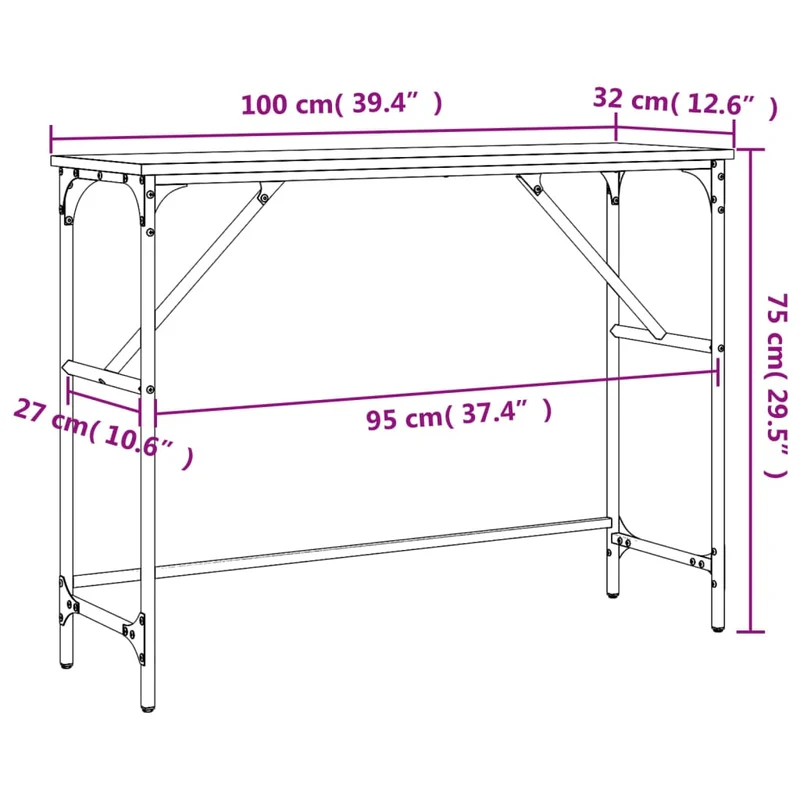 Table console style industriel 100 x 32 x 75 cm bois d'ingénierie marron et métal DEC031762
