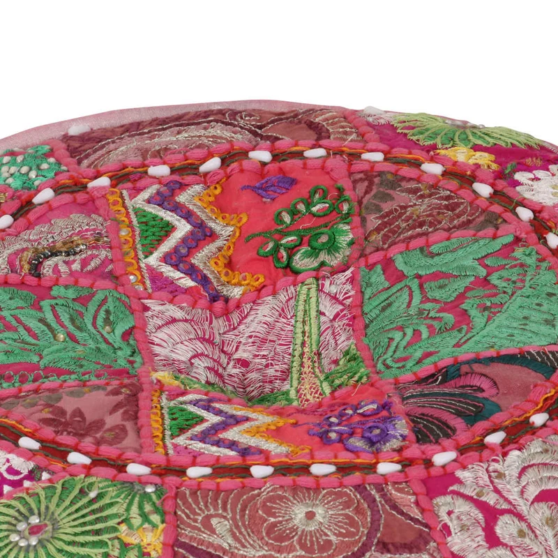 Pouf tabouret repose-pied rond en coton en patchwork fait à la main 40 x 20 cm rose DEC030017