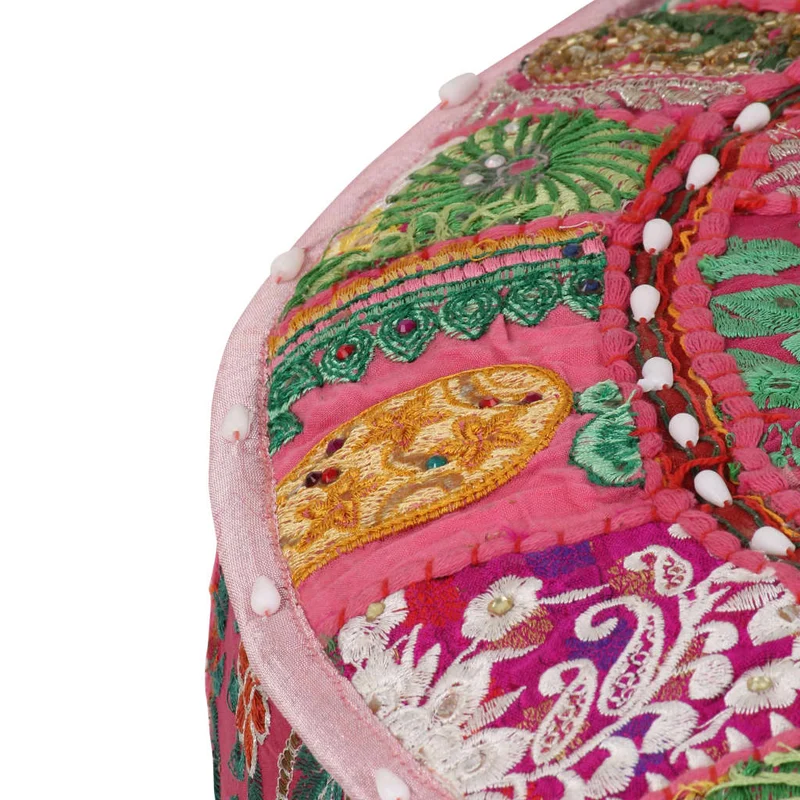 Pouf tabouret repose-pied rond en coton en patchwork fait à la main 40 x 20 cm rose DEC030017