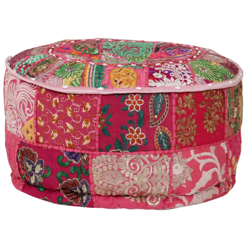 Pouf tabouret repose-pied rond en coton en patchwork fait à la main 40 x 20 cm rose DEC030017