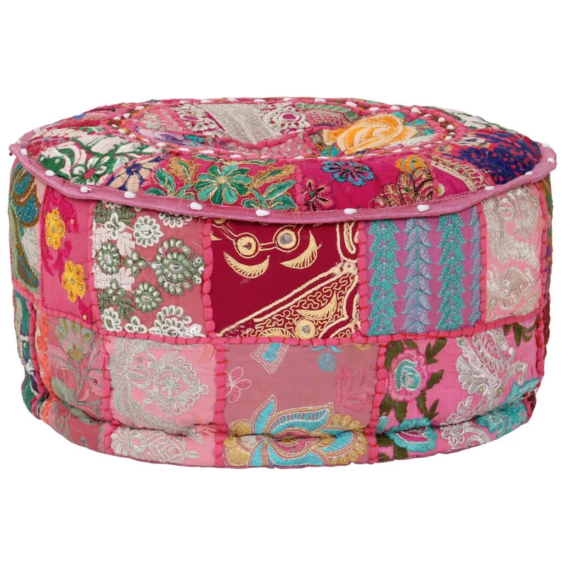 Pouf tabouret repose-pied rond en coton en patchwork fait à la main 40 x 20 cm rose DEC030017