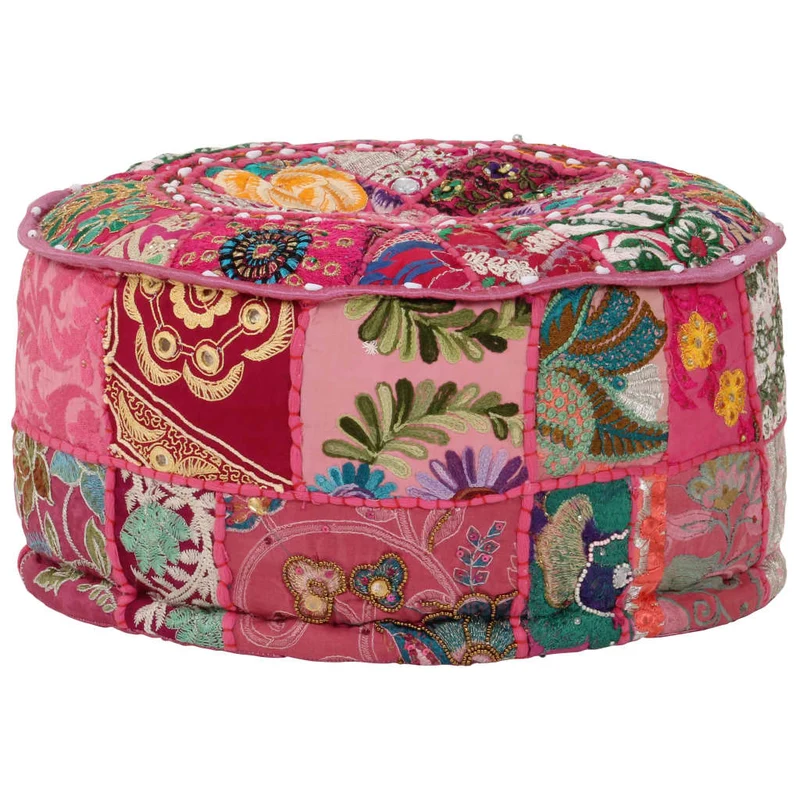 Pouf tabouret repose-pied rond en coton en patchwork fait à la main 40 x 20 cm rose DEC030017