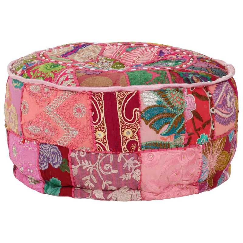 Pouf tabouret repose-pied rond en coton en patchwork fait à la main 40 x 20 cm rose DEC030017