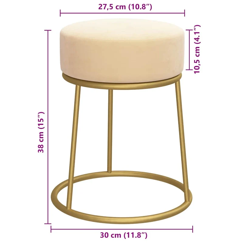 Tabouret assise pouf rond 30 x 38 cm velours couleur abricot et métal doré DEC026367