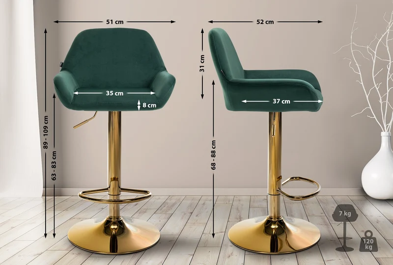 Lot de 2 tabourets de bar repose-pieds intégré revêtement velours vert structure en métal doré TDB10739