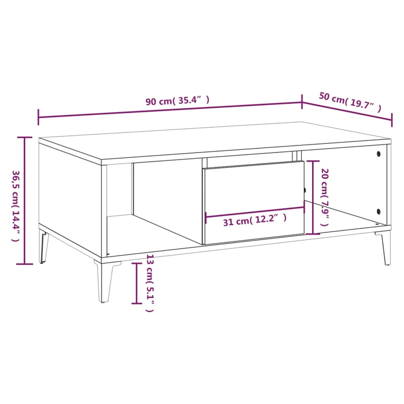 Table basse avec tiroir et compartiment ouvert 90 x 50 x 36,5 cm bois d'ingénierie gris et métal DEC040135