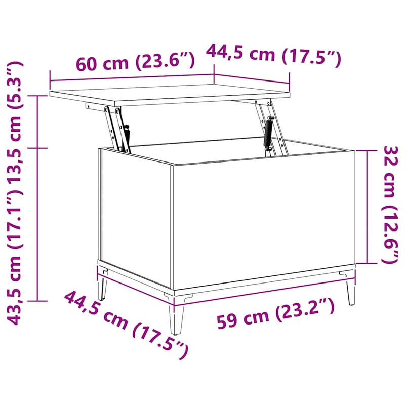 Table basse avec dessus relevable 60 x 44,5 x 45 cm bois d'ingénierie gris et métal DEC040056